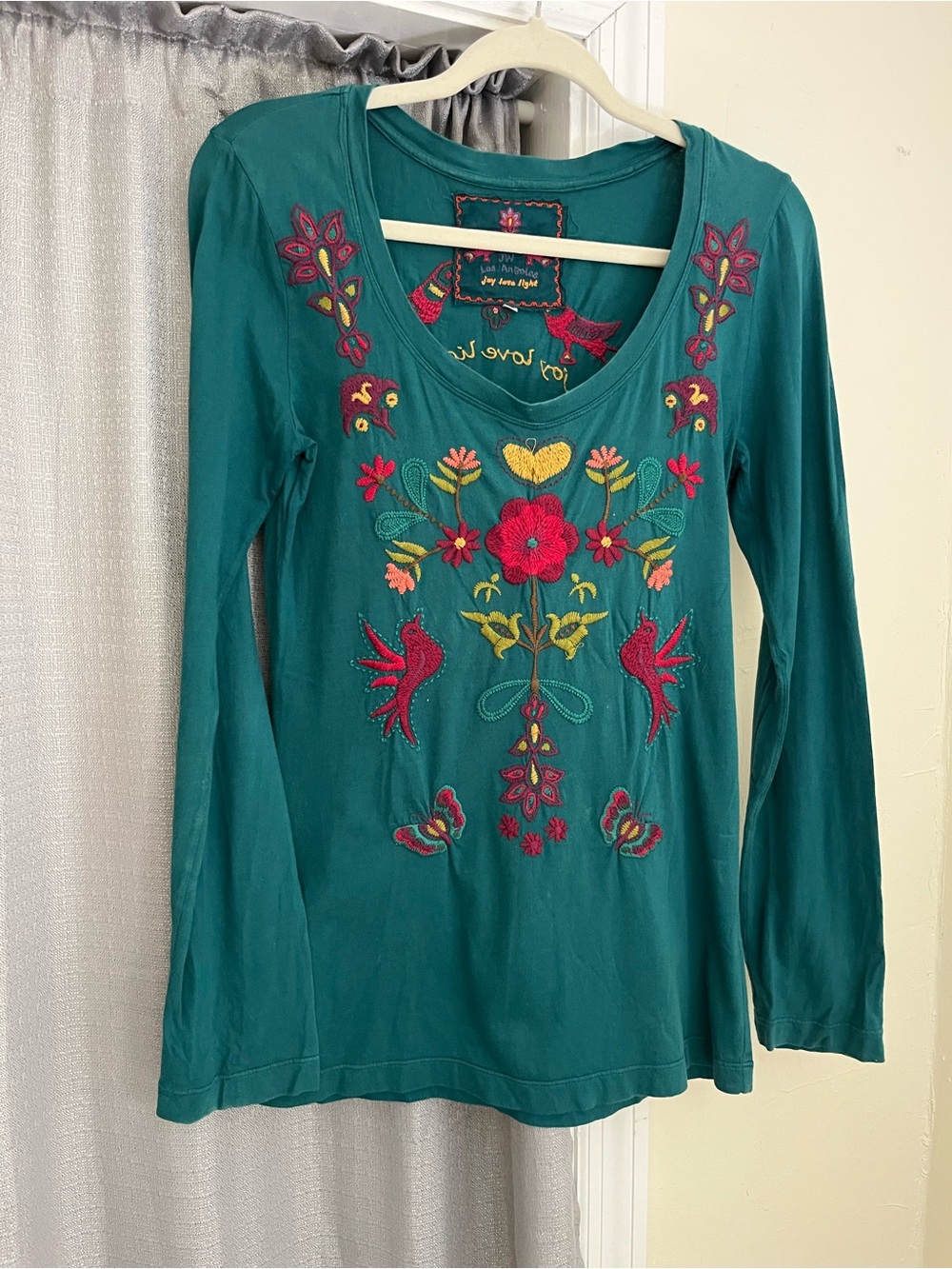 Johnny Was Teal Embroidered Long-Sleeve Top S